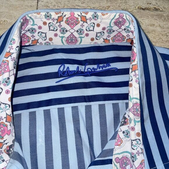 ROBERT GRAHAM Shirt Blue Striped Paisley Flip Cuffs L/XL 17 - Picture 2 of 6